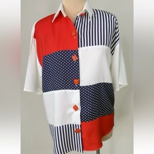 Vintage 80's Red White & Blue Color Block Button Up Shirt M